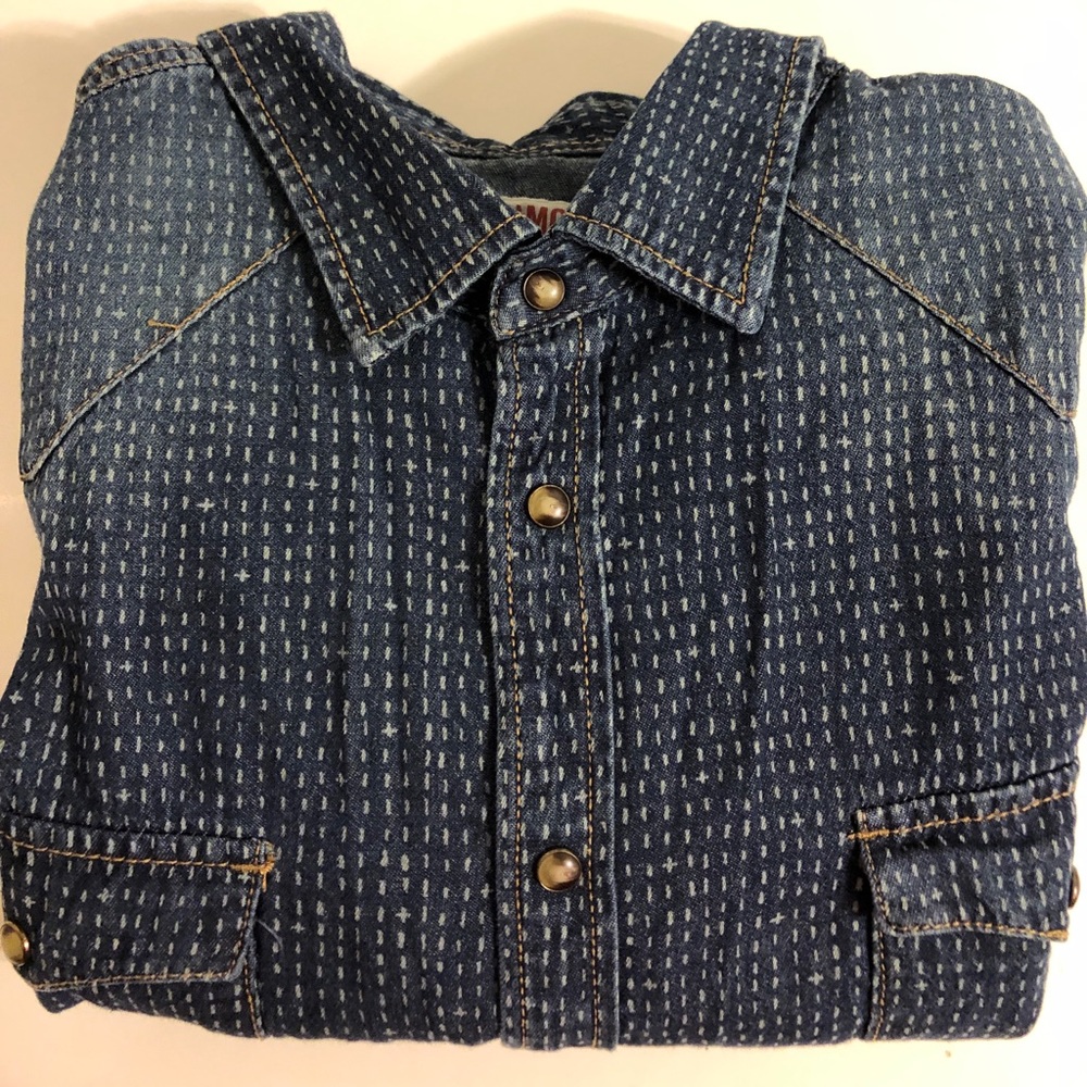 Patterned denim snap shirt.